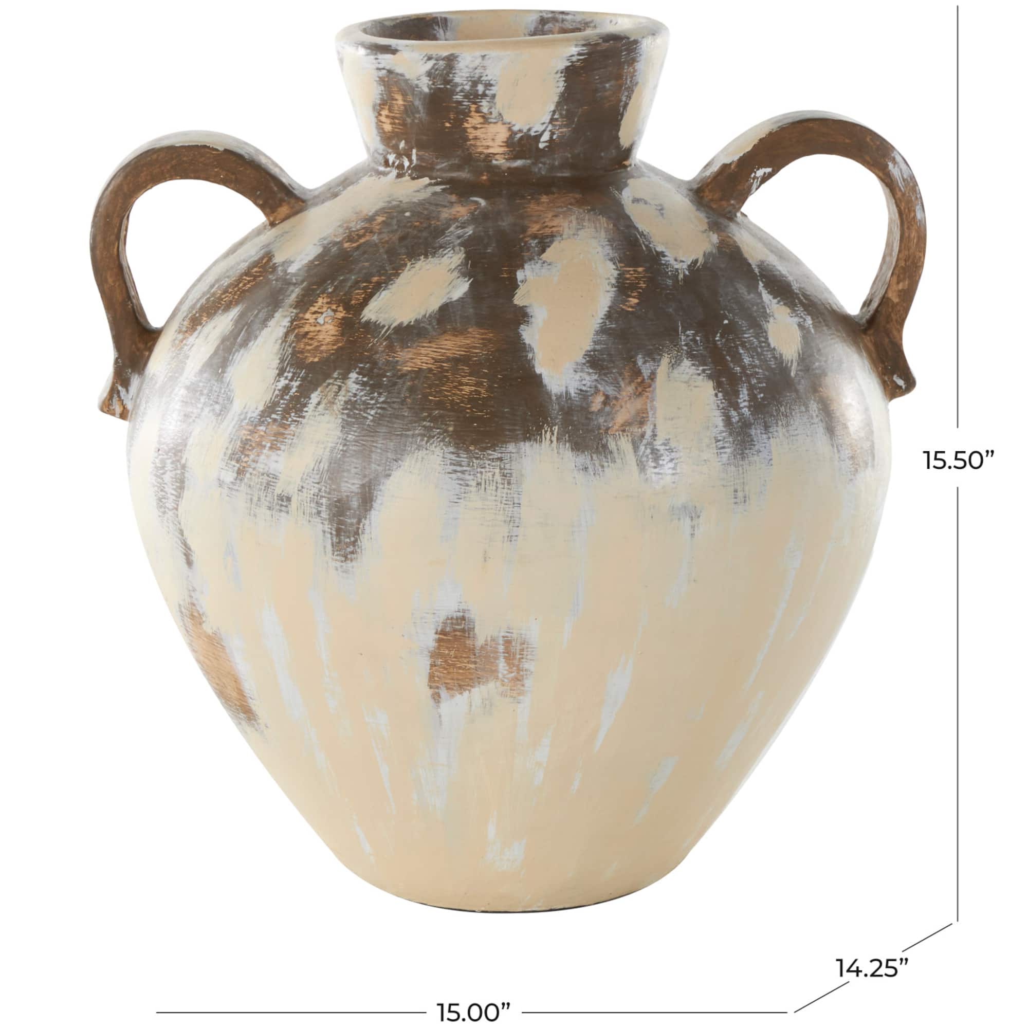 16" Cream Ceramic Antique Style Pot Vase with Arched Handles